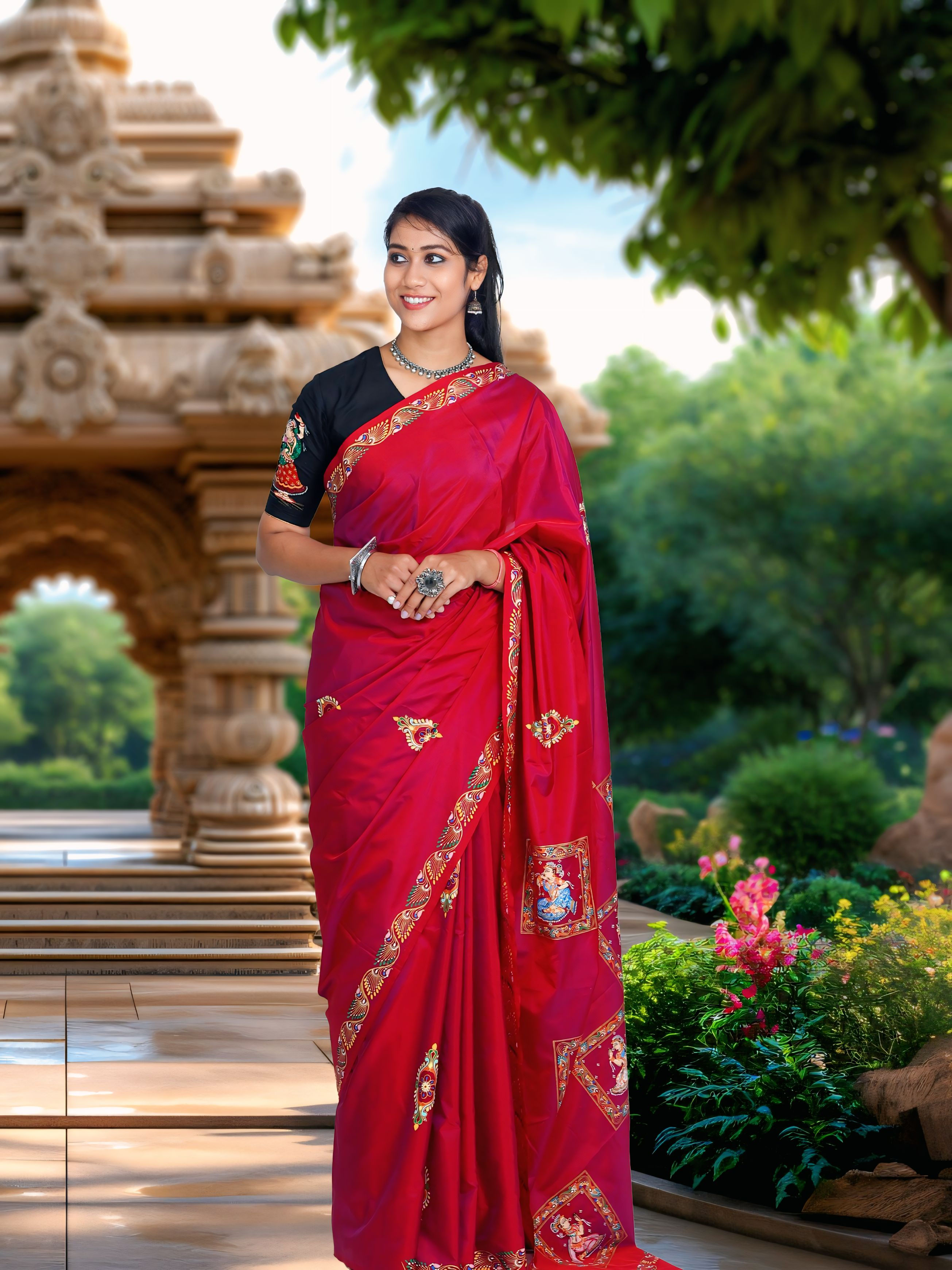 Maroon pattachitra saree