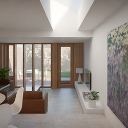 a living room with a brown couch and a white chair