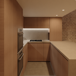a kitchen with wooden cabinets and a stove top oven