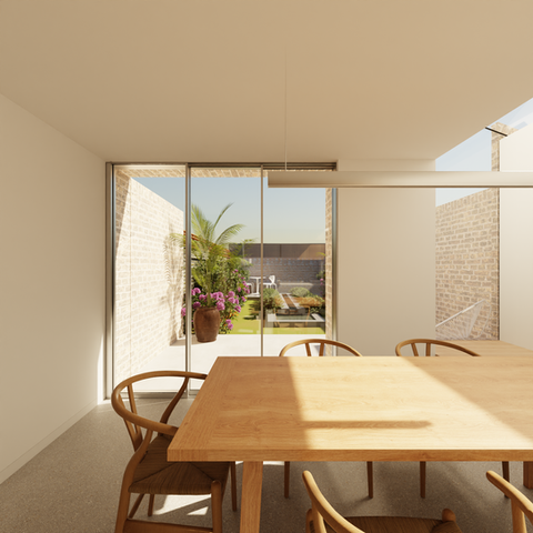 a dining room with a wooden table and chairs