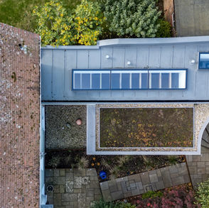 Aerial view. Architect designed extension to a listed property in a conservation area