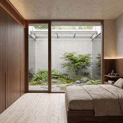 Minimalist bedroom with large window and garden view.