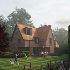 Modern arts and craft building, brick walls and clay tile roof with children playing.