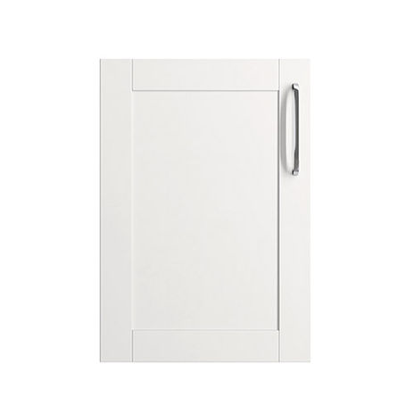White kitchen cabinet door with handle isolated on white background.