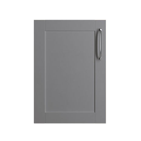 Gray kitchen cabinet door with handle on white background Classic Kitchens.