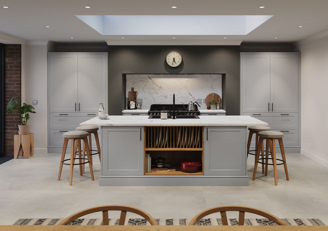 Modern kitchen with island counter and display of plates, Interior Instincts