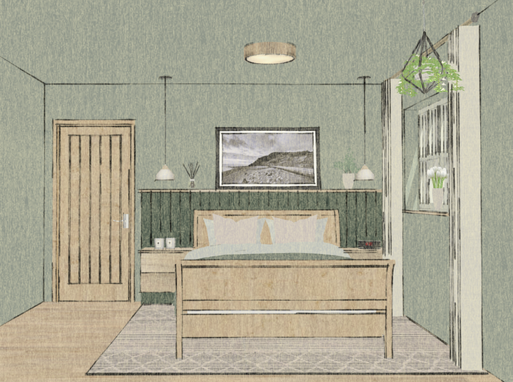 Serene bedroom design: calming greens, wood bed, framed landscape art