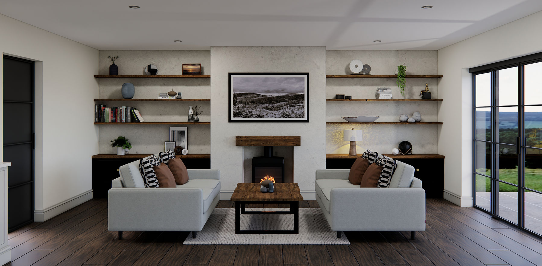 Modern living room with two sofas, fireplace, shelves, and large glass doors.