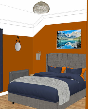 Modern bedroom design: burnt orange walls, navy bedding