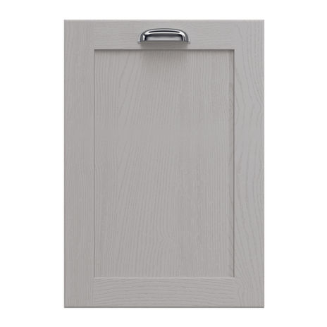 Gray kitchen cabinet door with a silver handle and recessed panel.