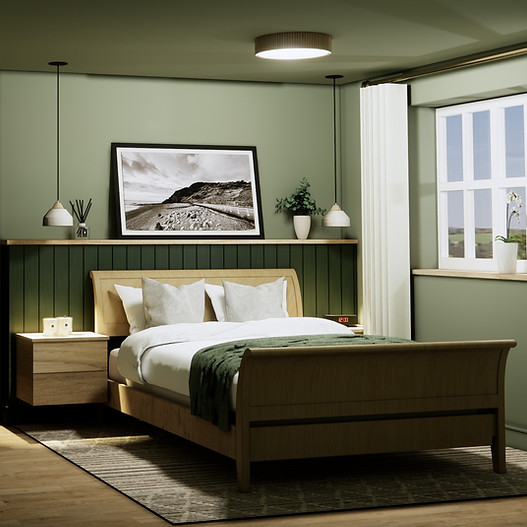 Bedroom with bed, picture, lamps and window; Interior Design Interior Instincts