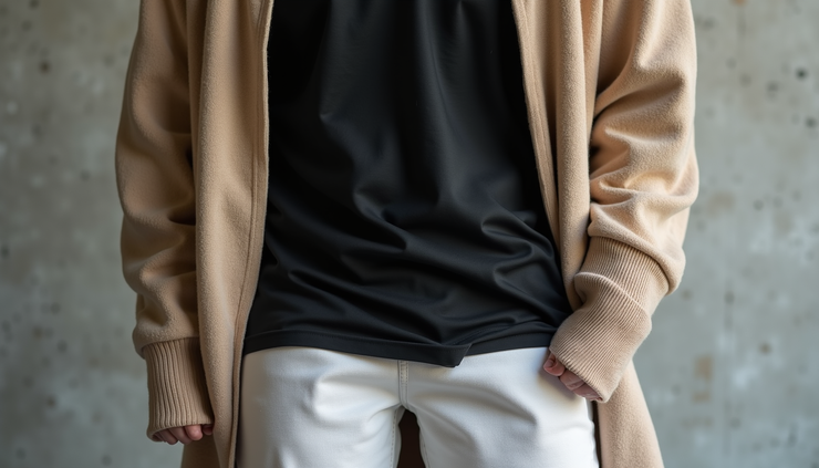 Close-up view of a black statement t-shirt paired with beige cardigan and white sneakers on a concrete floor