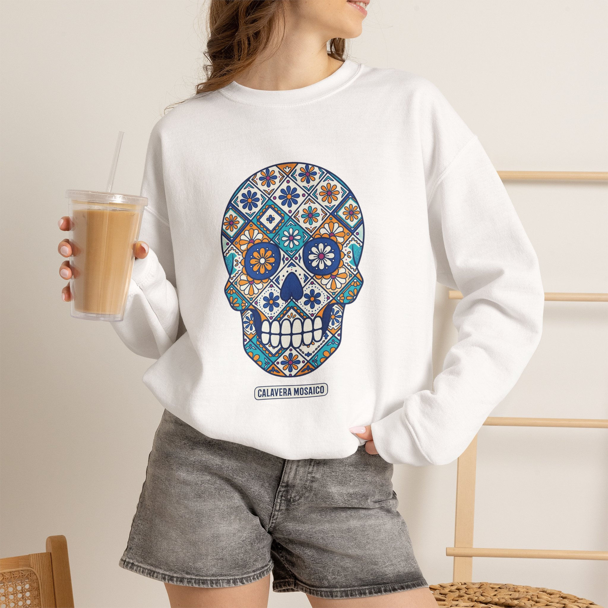 Buy Colorful Floral Sugar Skull Crewneck Sweatshirt for a vibrant, cozy layer that adds festive floral flair to any look.