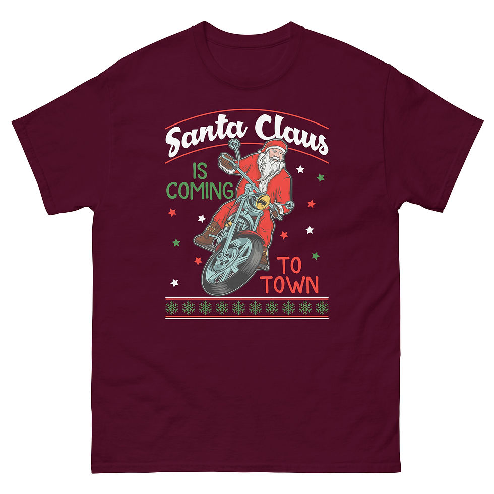 Buy Unique Santa Claus Motorcycle T-Shirt for Holiday Christmas. Perfect for anyone wanting to celebrate in a cool, fun way!
