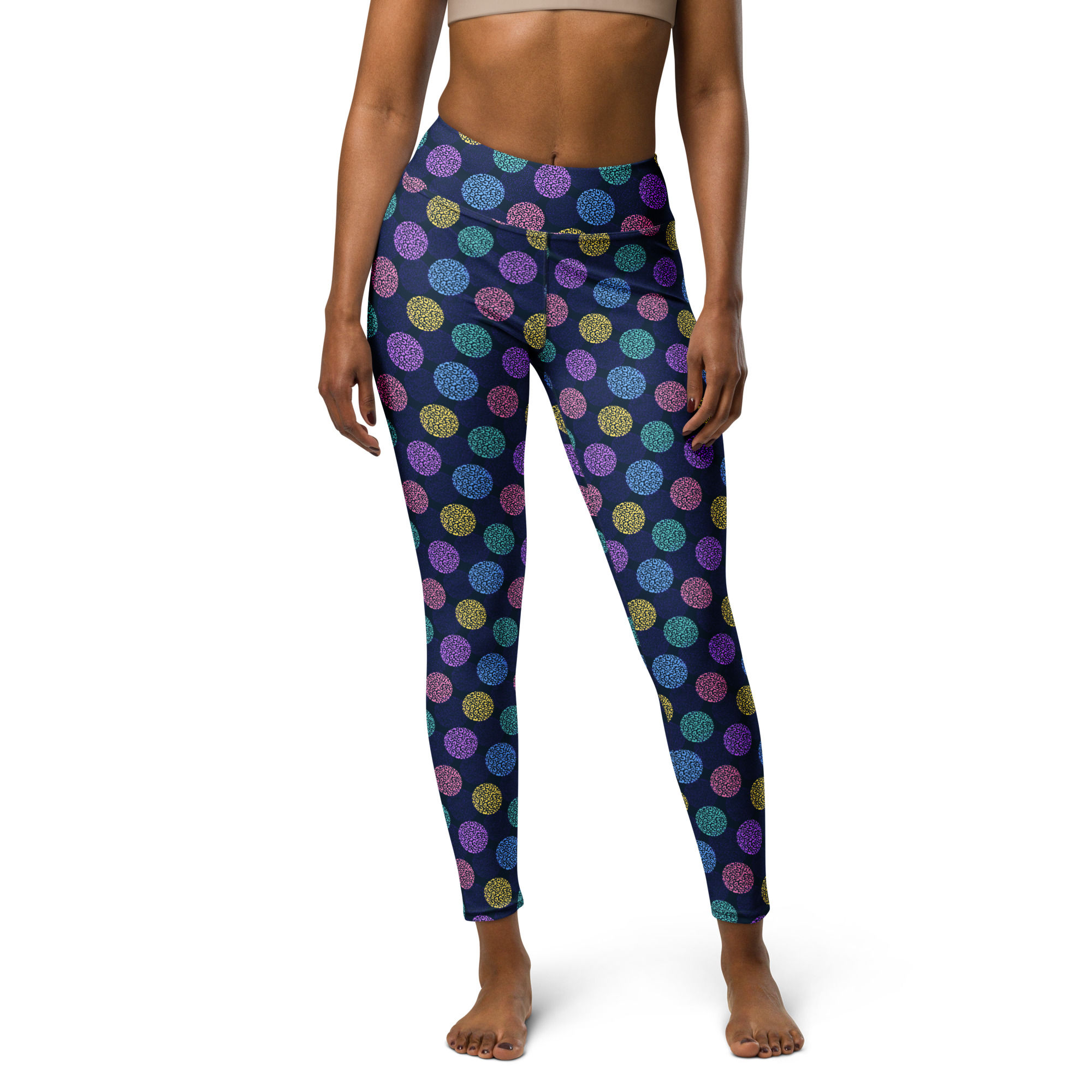 Colorful Leopard Print Circles Yoga Leggings for a unique, vibrant look. Perfect for yoga, fitness, or daily wear—turn heads