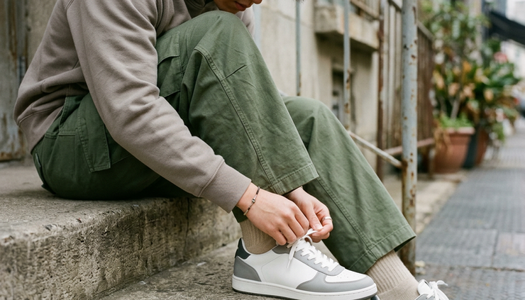 Eye-level view of a person tying clean sneakers beside wide cargo pants on a concrete step.