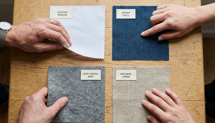 Overhead view of hands comparing swatches of cotton, denim, wool, and linen.