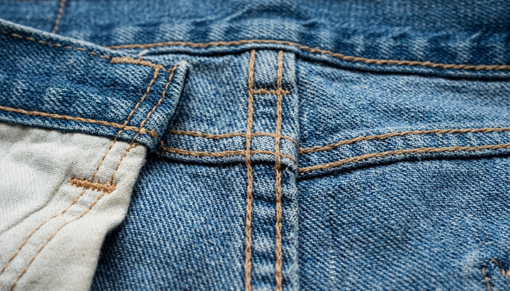 Close-up of clean stitching along the inside seam of denim jeans.