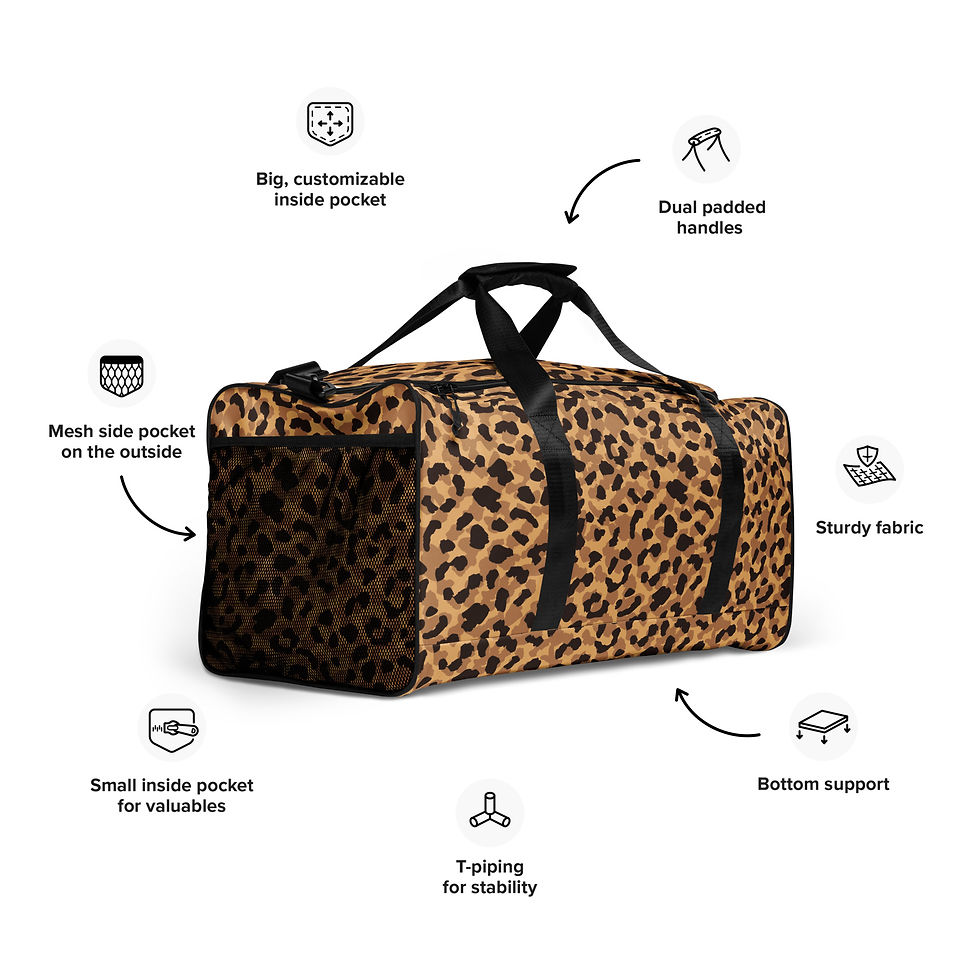 Shop Bold Leopard Print Duffle Bag: Fierce and Fashion-Forward. Perfect for travel or gym, add wild flair to your routine!