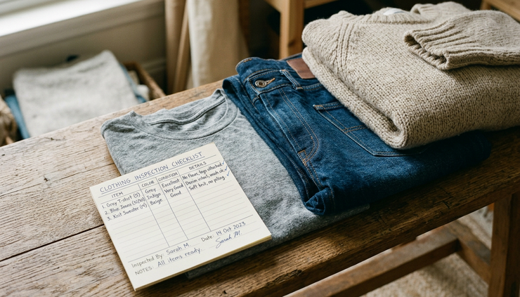 Angled view of a neatly arranged shopping checklist beside folded casual clothes.