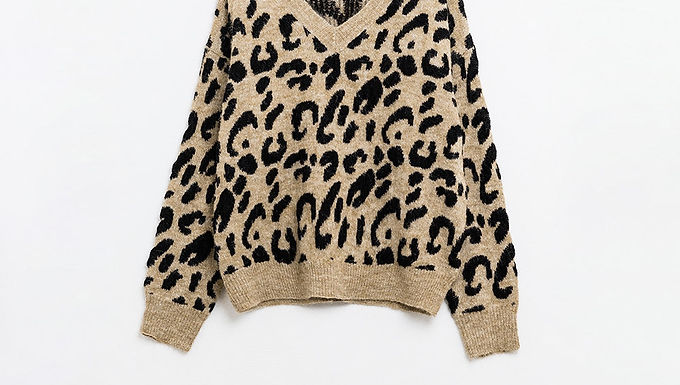 Soft Knit V-Neck Sweater With Leopard Print