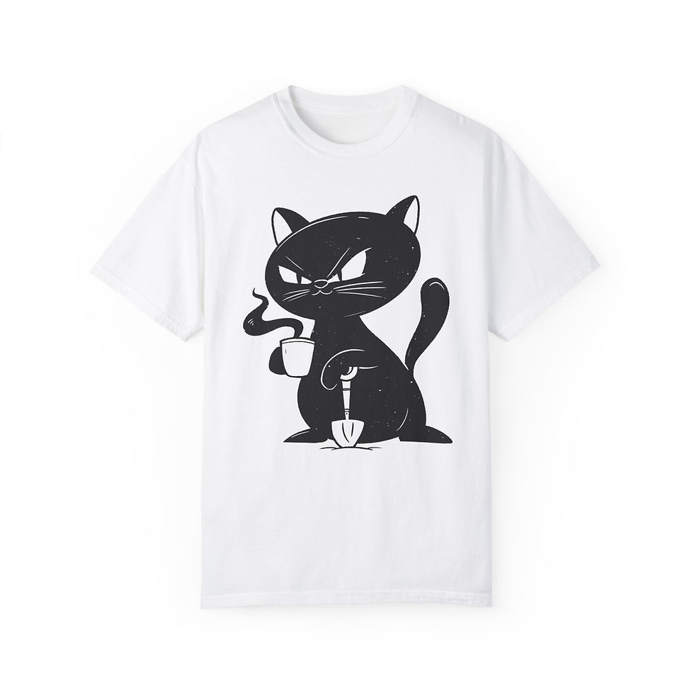 Mad Black Cat Drinking Coffee Graphic T-Shirt Embrace Your Quirky Side with Our Mad Black Cat Drinking Coffee Graphic T-Shirt