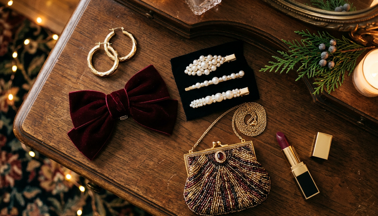 Overhead view of gold earrings, a velvet bow, pearl hair clips, and a small beaded bag on a dressing table.