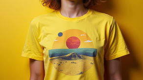 The colorful Lemon Mars Planet Collage Graphic Tee Shirt emphasizes its unique design.