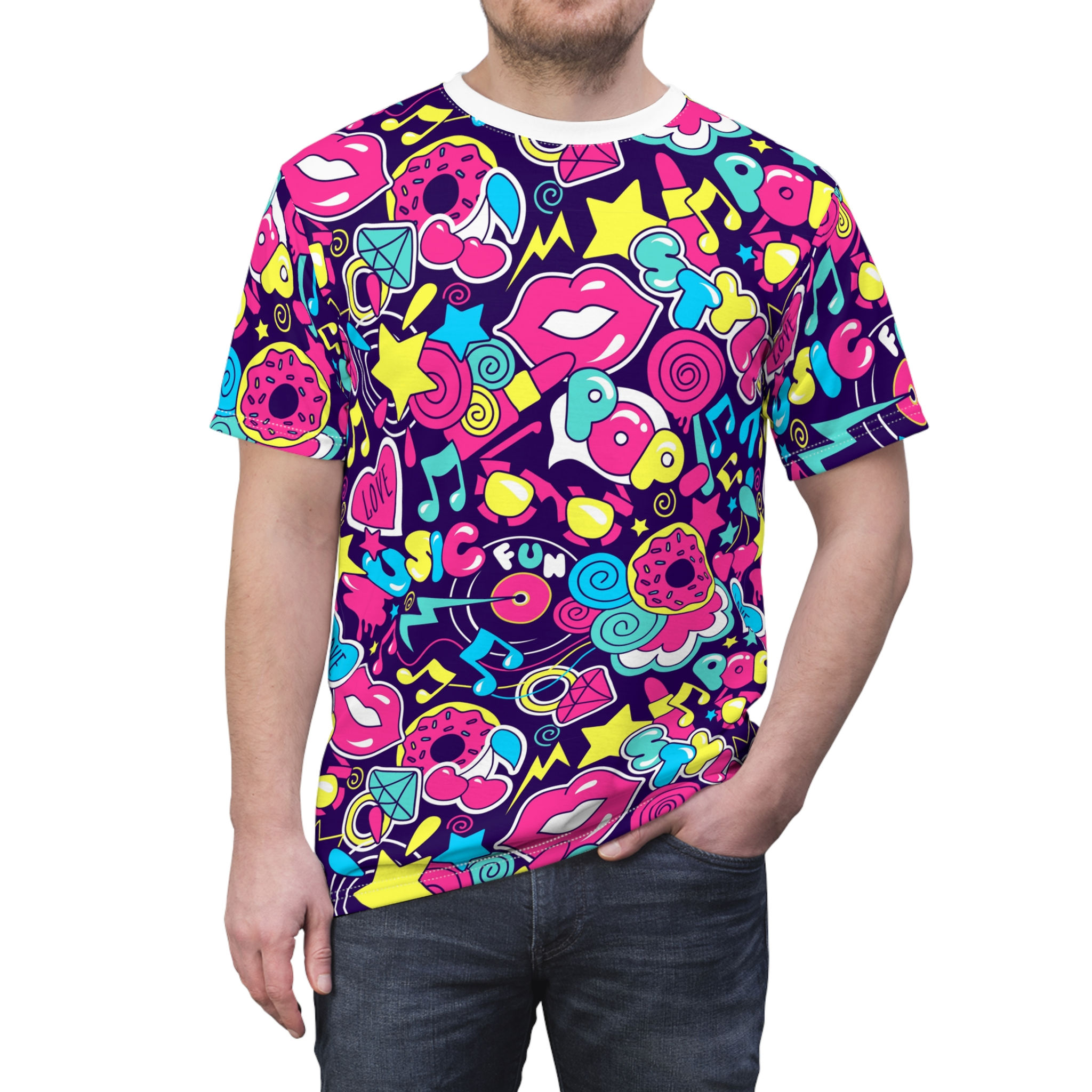 Colorful Bright Trendy Pop Art Printed T-Shirt—an eye-catching choice for fresh, creative casual style.
