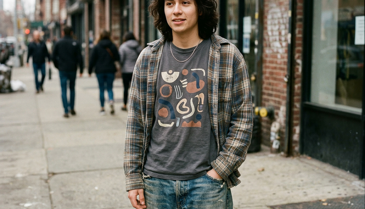 Close-up view of a worn graphic T-shirt layered under an open flannel with loose denim.
