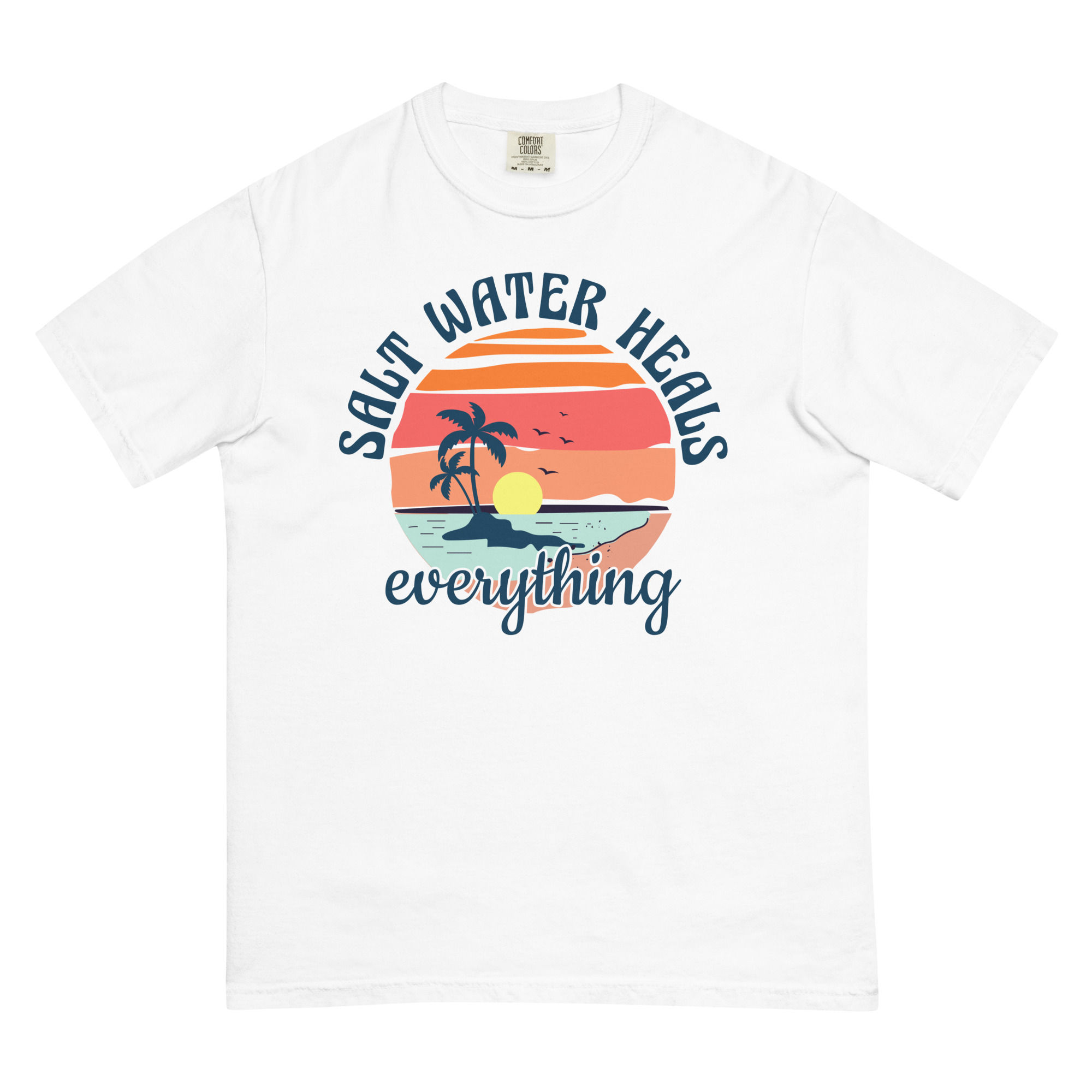 Shop online Saltwater Heals Everything Funny Beach Quotes T-Shirt! Perfect for summer, laughs, and seaside relaxation.