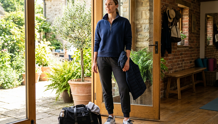Three-quarter view of a relaxed activewear outfit with joggers, half-zip sweatshirt, and trainers near a sunny doorway