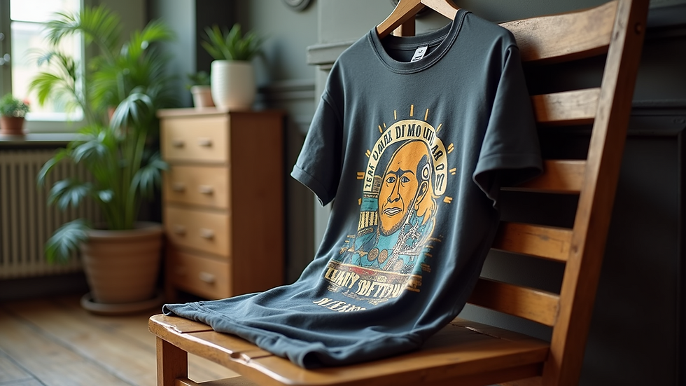 Eye-level view of a trendy pop culture t-shirt displayed on a chair
