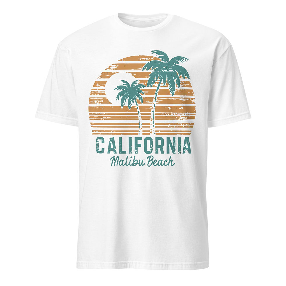 Buy Retro Palm Sunset Malibu Beach Graphic T-Shirt a vintage-inspired tee made for sunny days, beach trips, and casual looks.