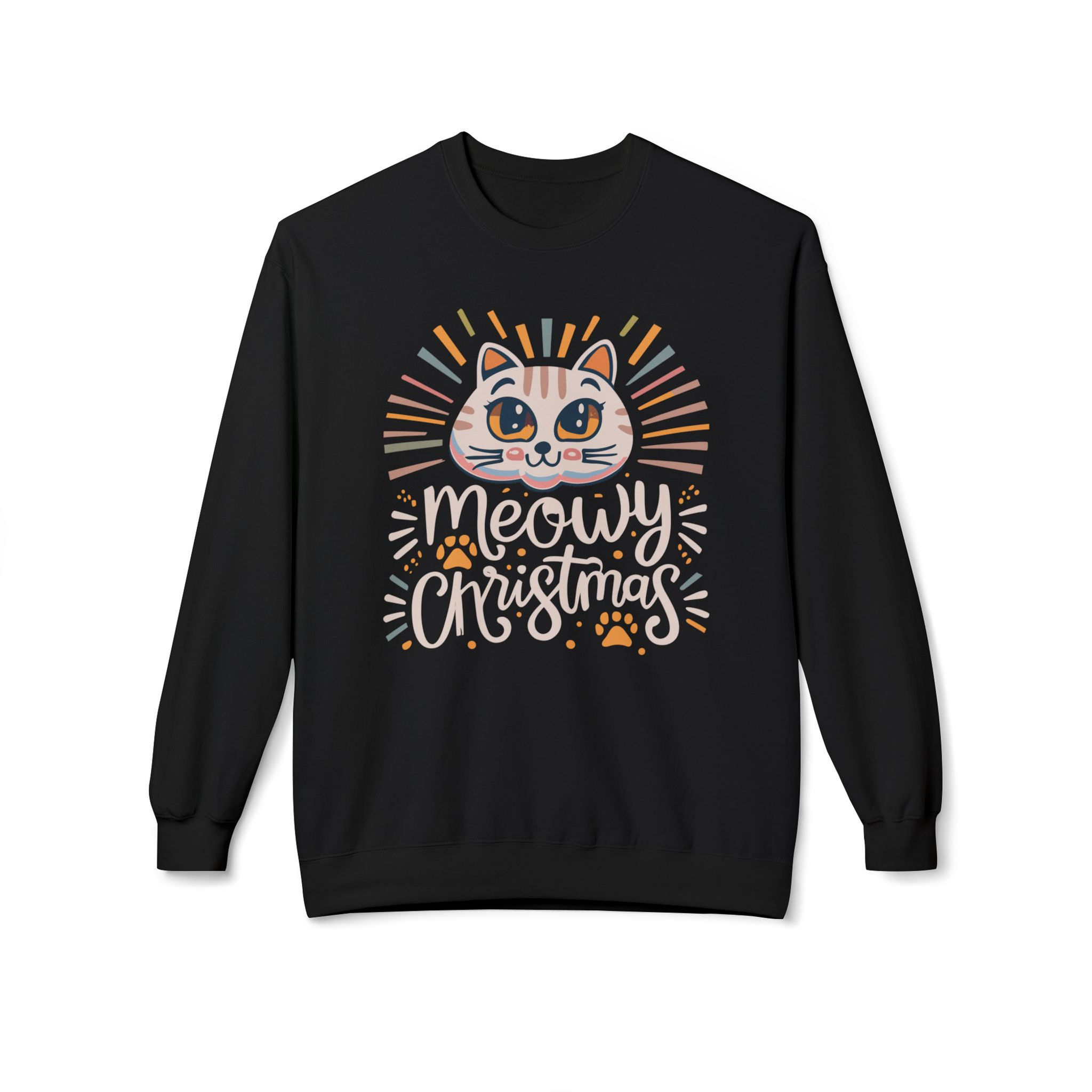 Cute Meowy Christmas Cat Christmas Sweatshirt Casual Wear design, perfect for cozy festive outfits and gifts.