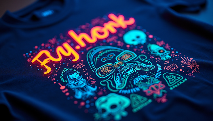 Close-up of glow-in-the-dark graphic tee fabric showing neon typography and surreal illustration details