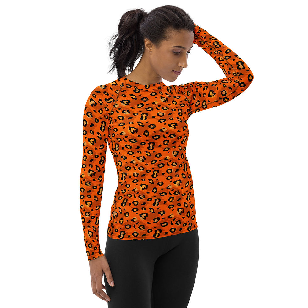 Thumbnail: Buy best Stylish Orange Leopard Print Women's Rash Guard. Stand out with vibrant design and enjoy excellent sun protection!