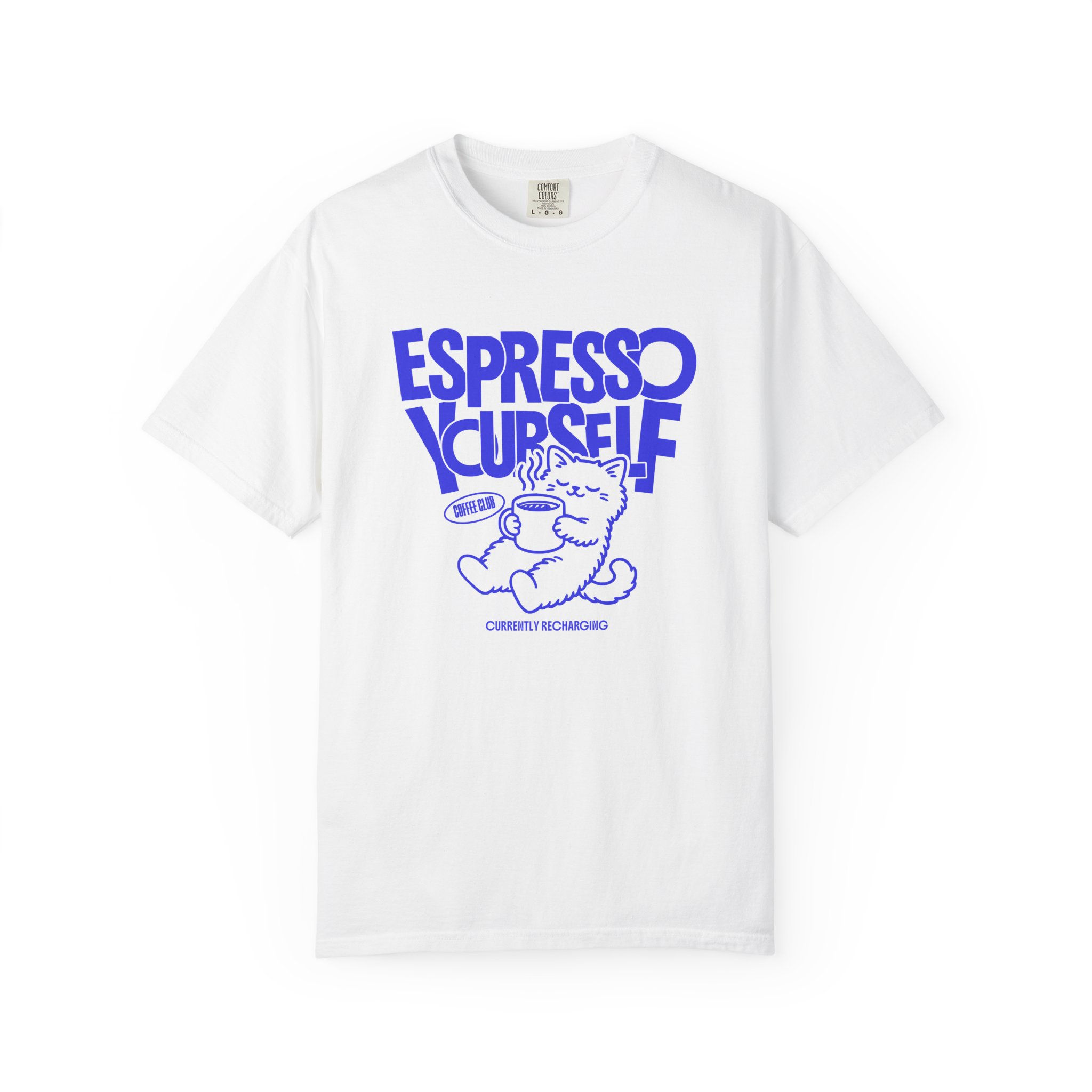 Buy online Cute Coffee Espresso Yourself Cat Graphic T-Shirt—perfect for coffee lovers with feline flair.