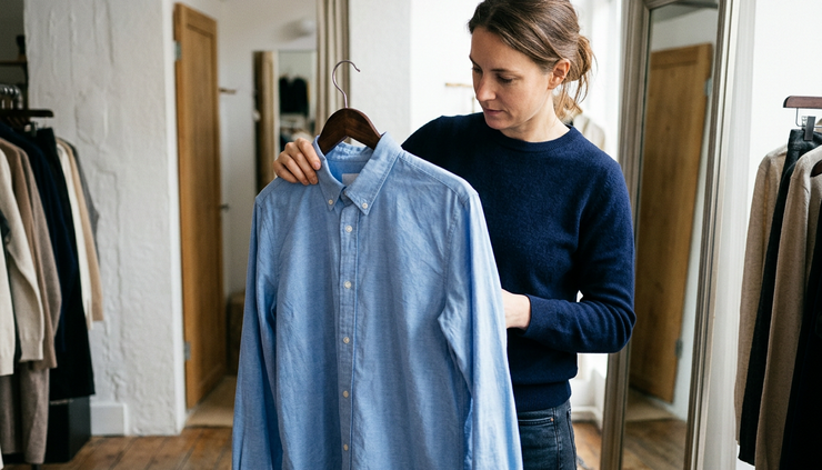 Eye-level view of a shopper examining a casual shirt in natural light.