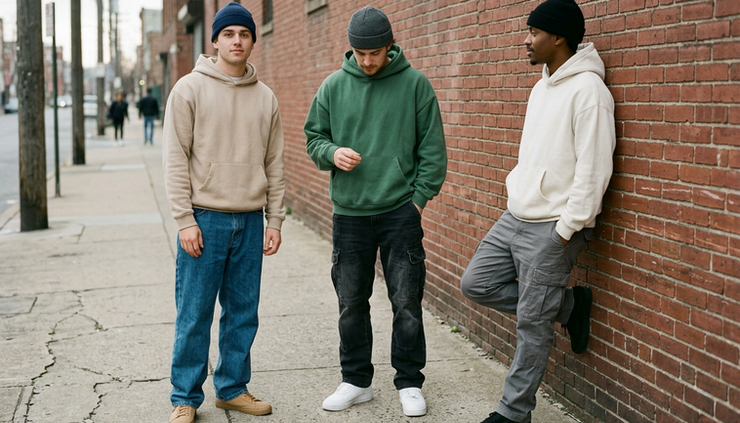 Wide-angle view of a city sidewalk with three people wearing layered hoodies, loose pants, and sneakers.