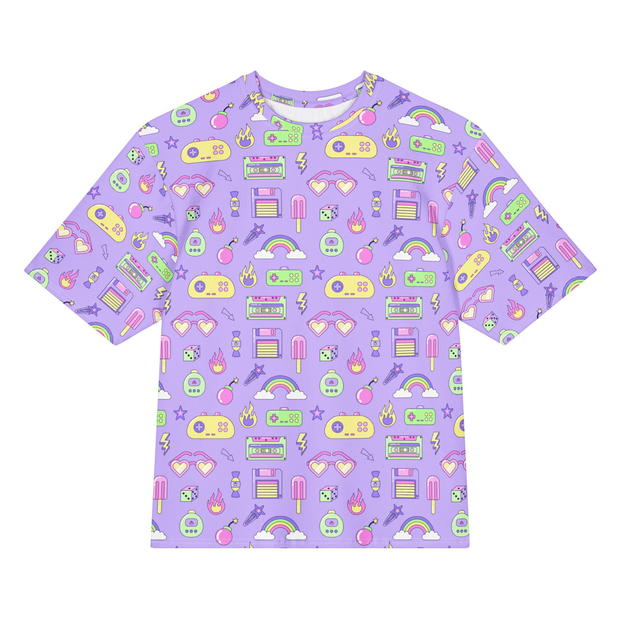 Buy online Retro Kawaii Pastel Arcade Graphic T-Shirt! Perfect for gamers and fashion lovers seeking a cute, vintage vibe.