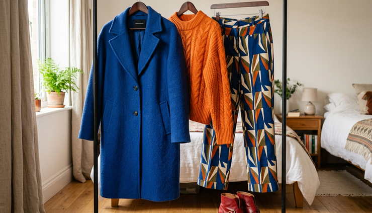 Eye-level view of a colorful outfit displayed on a clothing rack.
