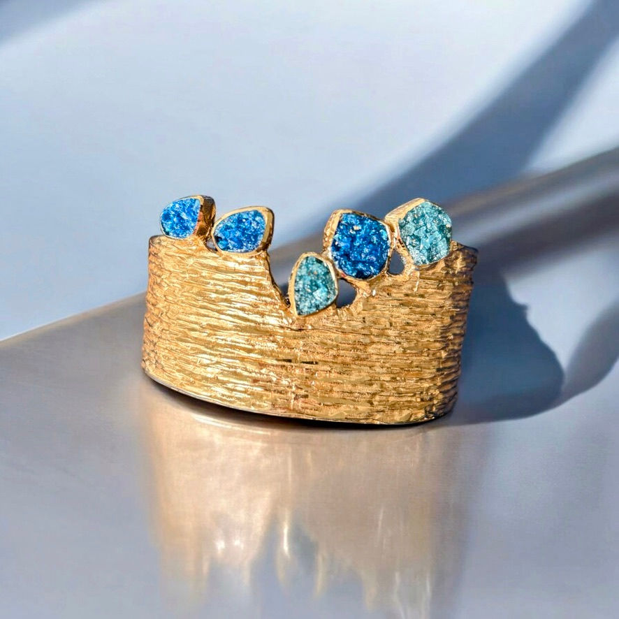 gold brass  bracelet with lapis and aquamarine crystals Underwater B1053