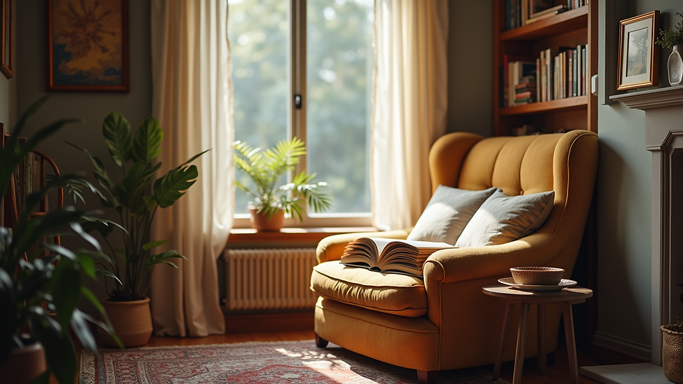 Eye-level view of a cozy reading nook with a comfortable chair and soft lighting