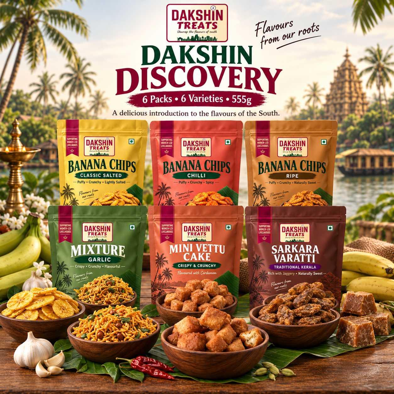 Dakshin Treats Dakshin Discovery 555g with 6 packs and 6 traditional South Indian snack varieties