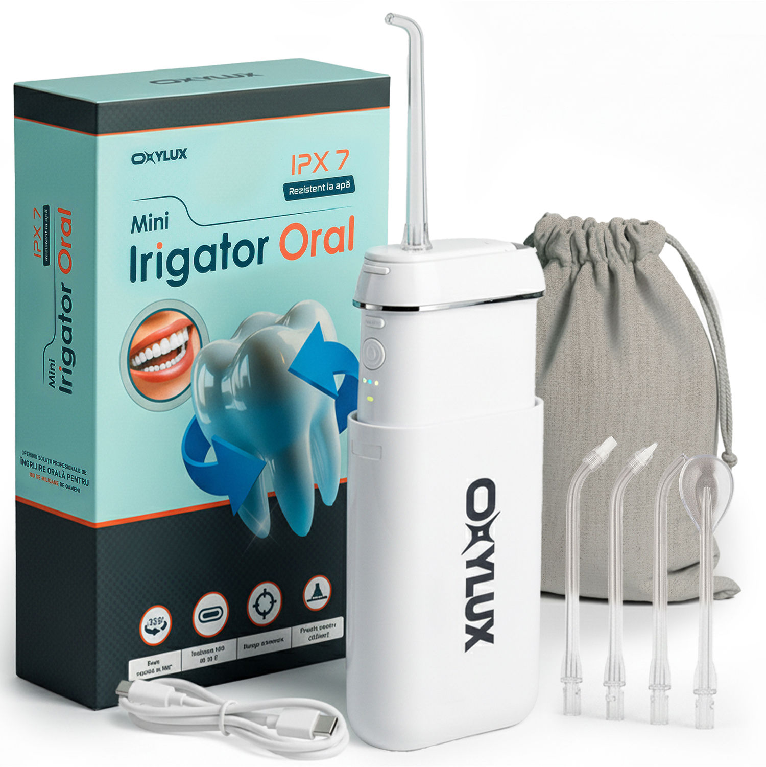 Irigator bucal portabil OxyLux, 3 programe curatare, 4 duze interschimbabile