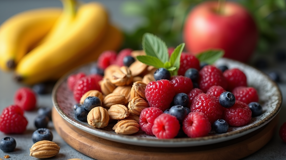 Eye-level view of a fresh fruit platter including berries and nuts