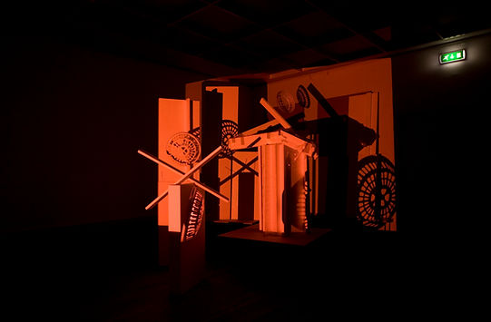 Ricercare. Video & light installation Video, audio, foamborard, plastic covers, wood, photoluminiscent pigments. With composer Hywel Davies, UK