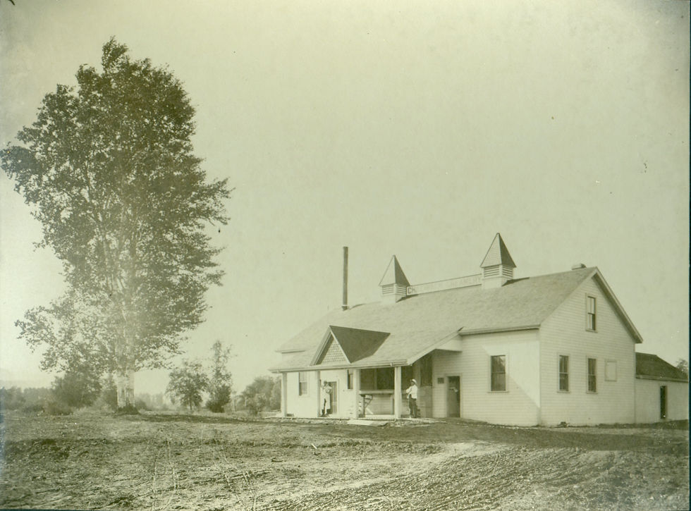Front view of the first Chilliwack Creamery building, which would later house the Chilliwack Canning & Preserving Company, located roughly at the corner of Young Road south and Cheam Avenue, ca. 1902. Photograph courtesy of the Chilliwack Museum and Archives ( 2013.015.021).