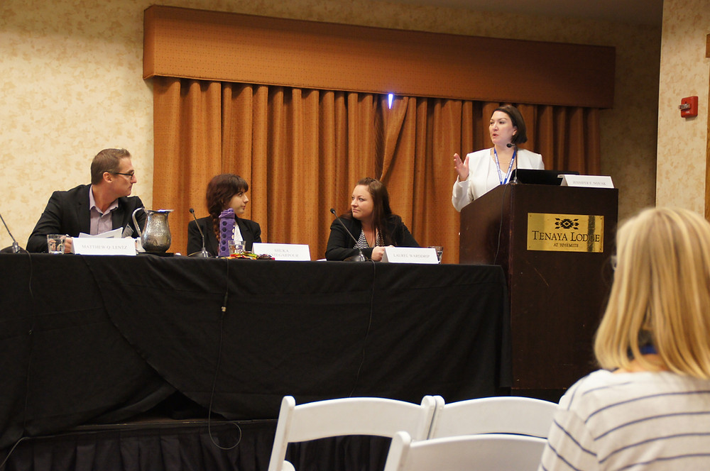 Jennifer Novak and three other people on stage lecturing an audience at a law conference.